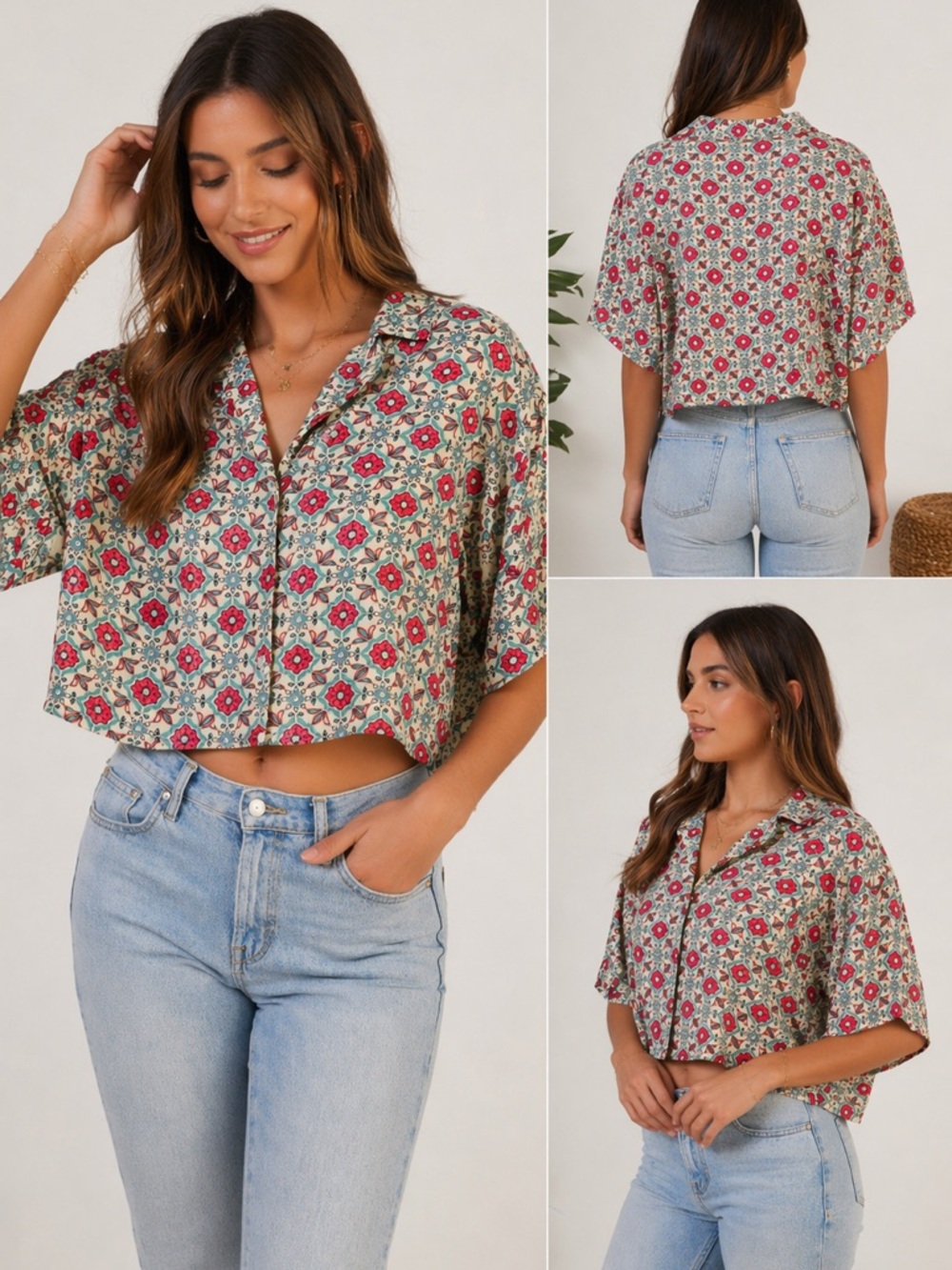 Zara Floral Button-Down Crop Shirt in Red, Green, Cream